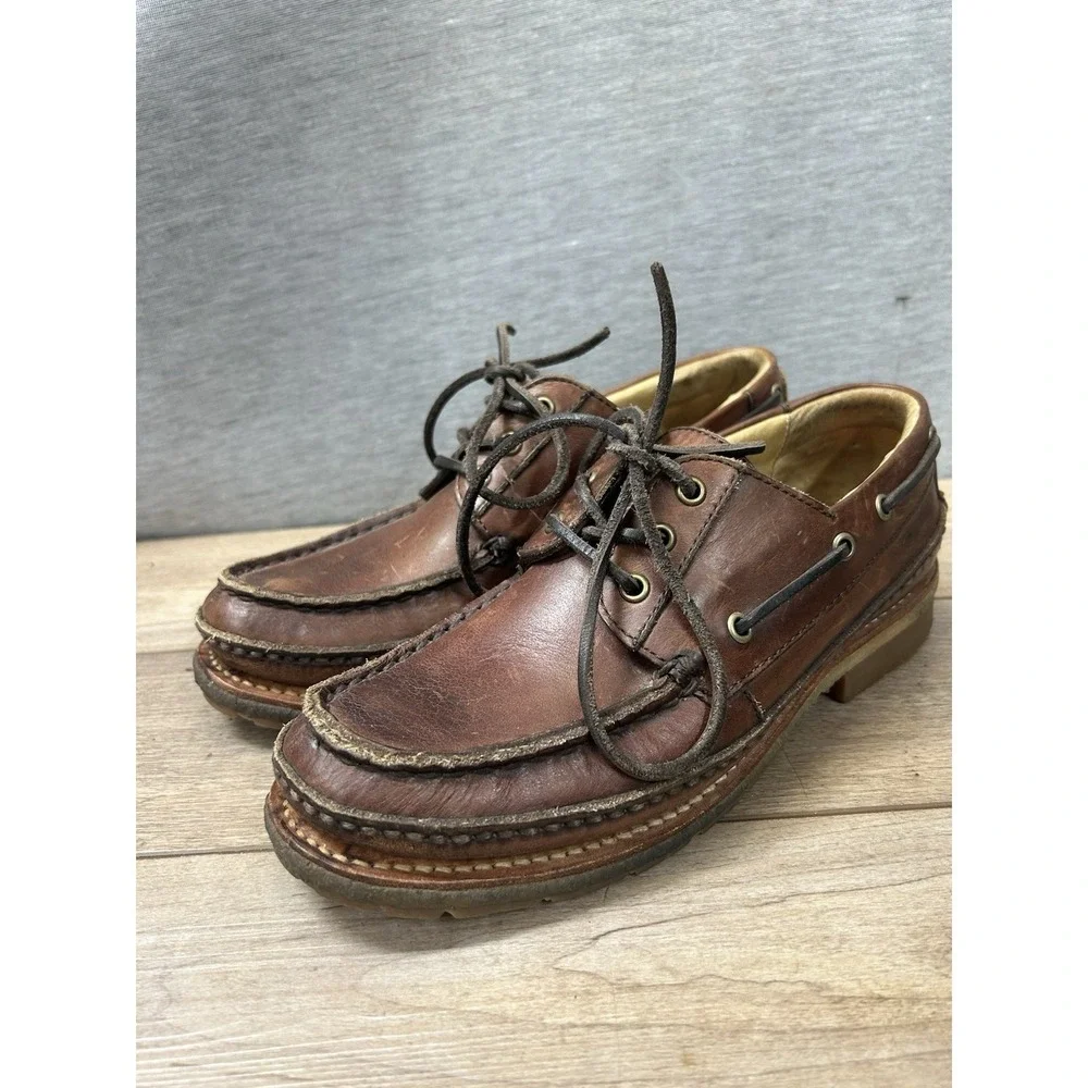 FRYE Nolan Brown Leather Moc Toe Boat Shoes Men's 8D,Mexico Double Bottom Sole